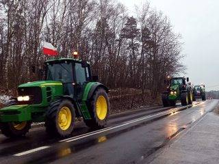 Kolumna ciągników rolniczych przed wjazdem do Żabna (gmina Brodnica) zmierzająca przez Luboń w stronę Poznania